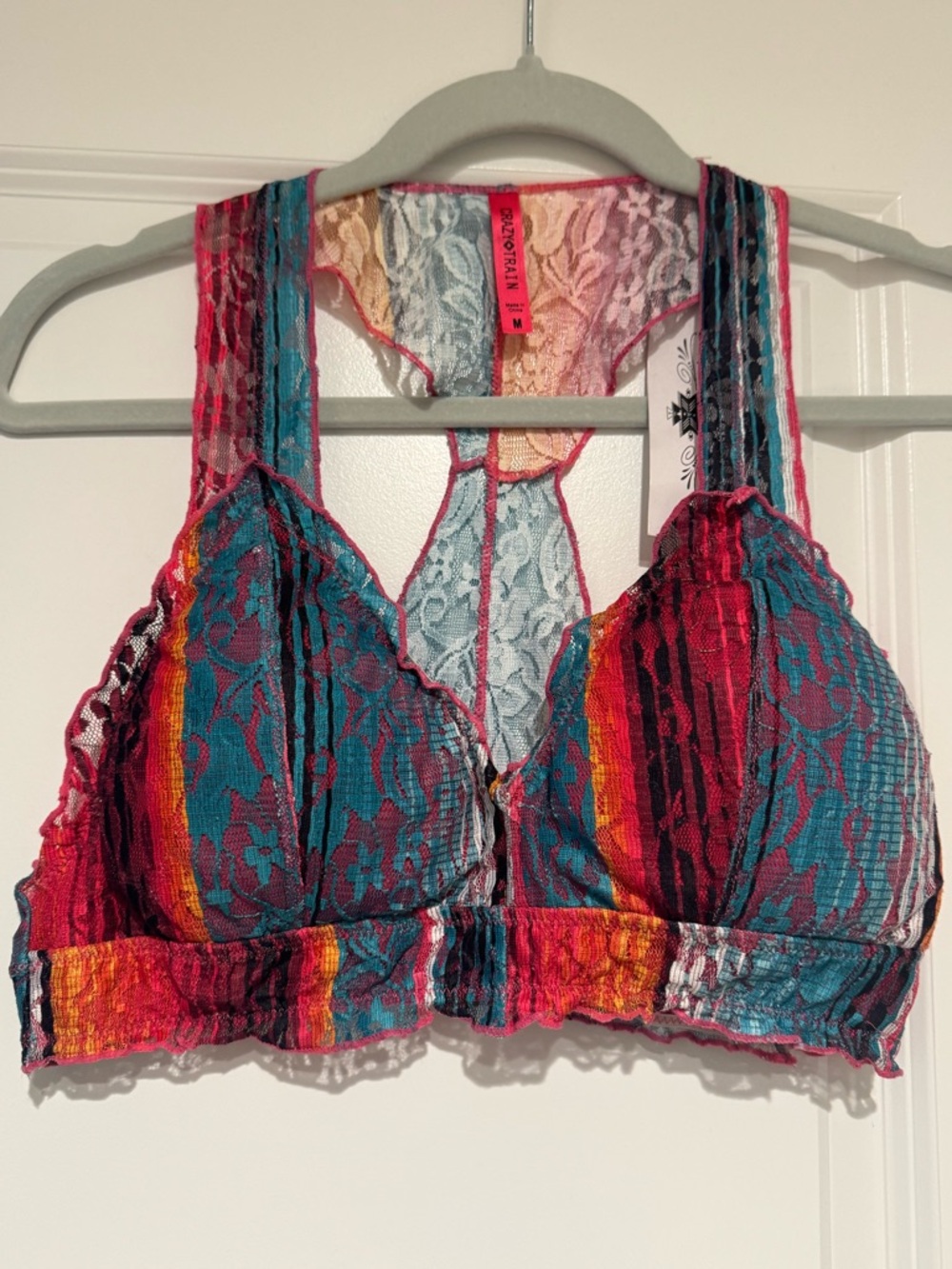 Crazy Train Multicolor Lace Bralette in Teal, Pink & Teal